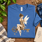 A folded mockup of Key Fairy pinup fairy graphic long sleeve t-shirt in denim.