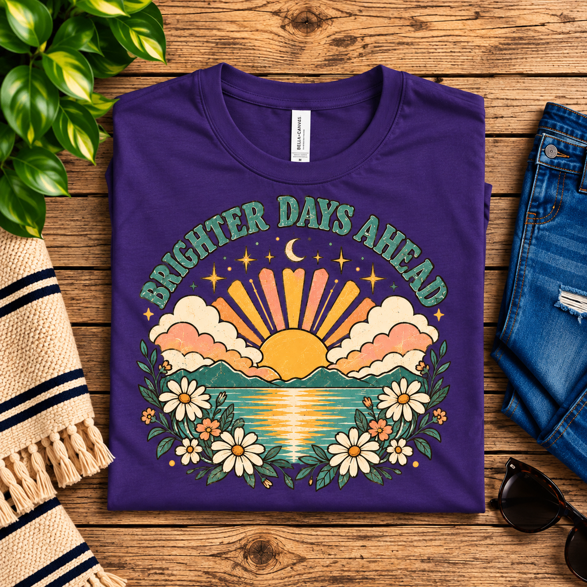 A folded mockup of Brighter Days Ahead inspirational introvert graphic t-shirt in team purple.