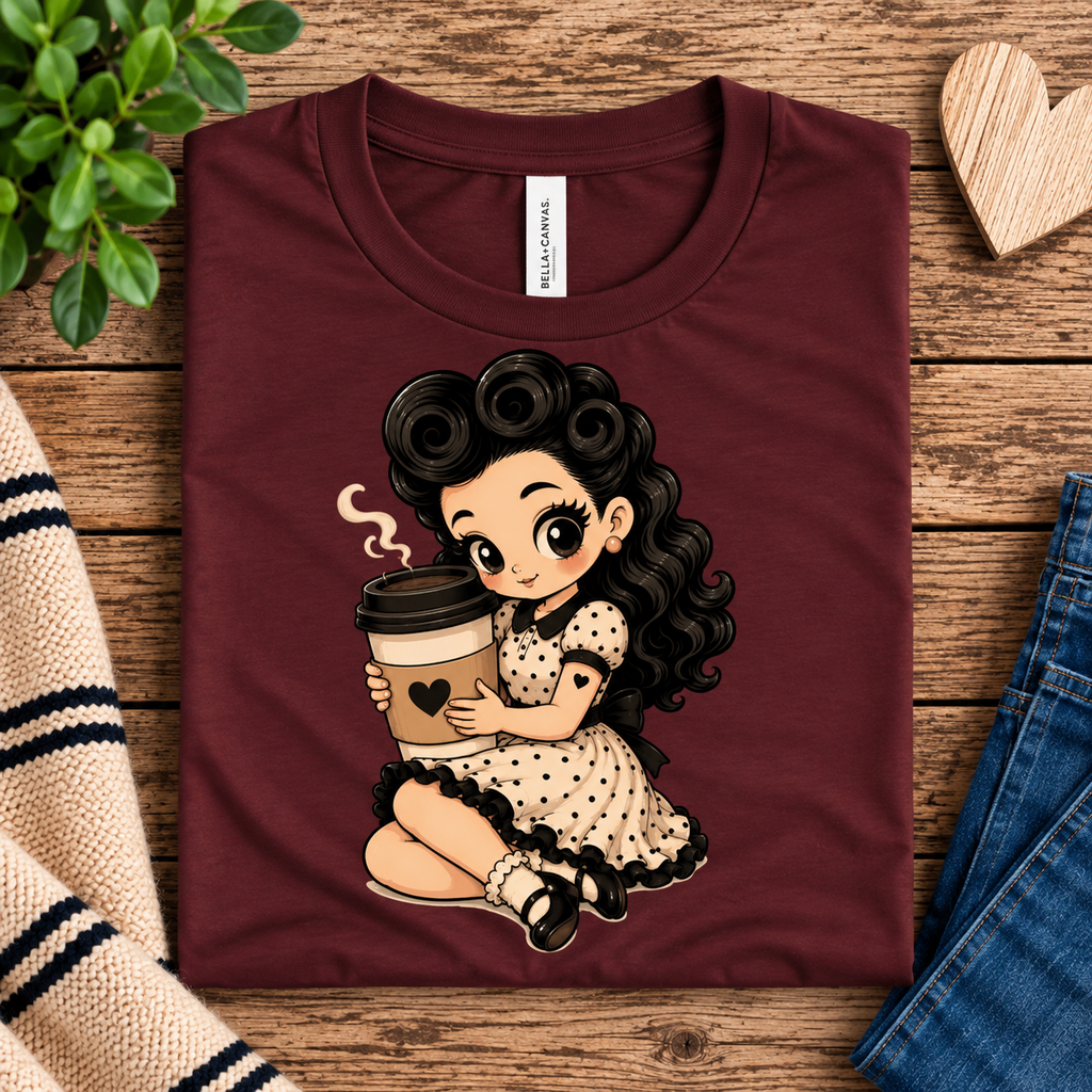 A folded mockup of Coffee Clara cute pinup graphic t-shirt in maroon.