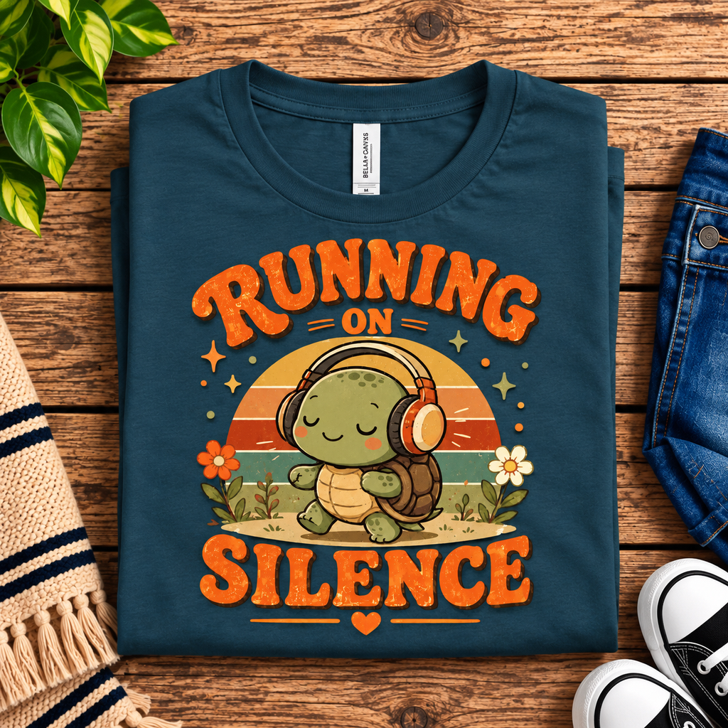 A folded mockup of Running on Silence cute animal graphic t-shirt in deep teal.