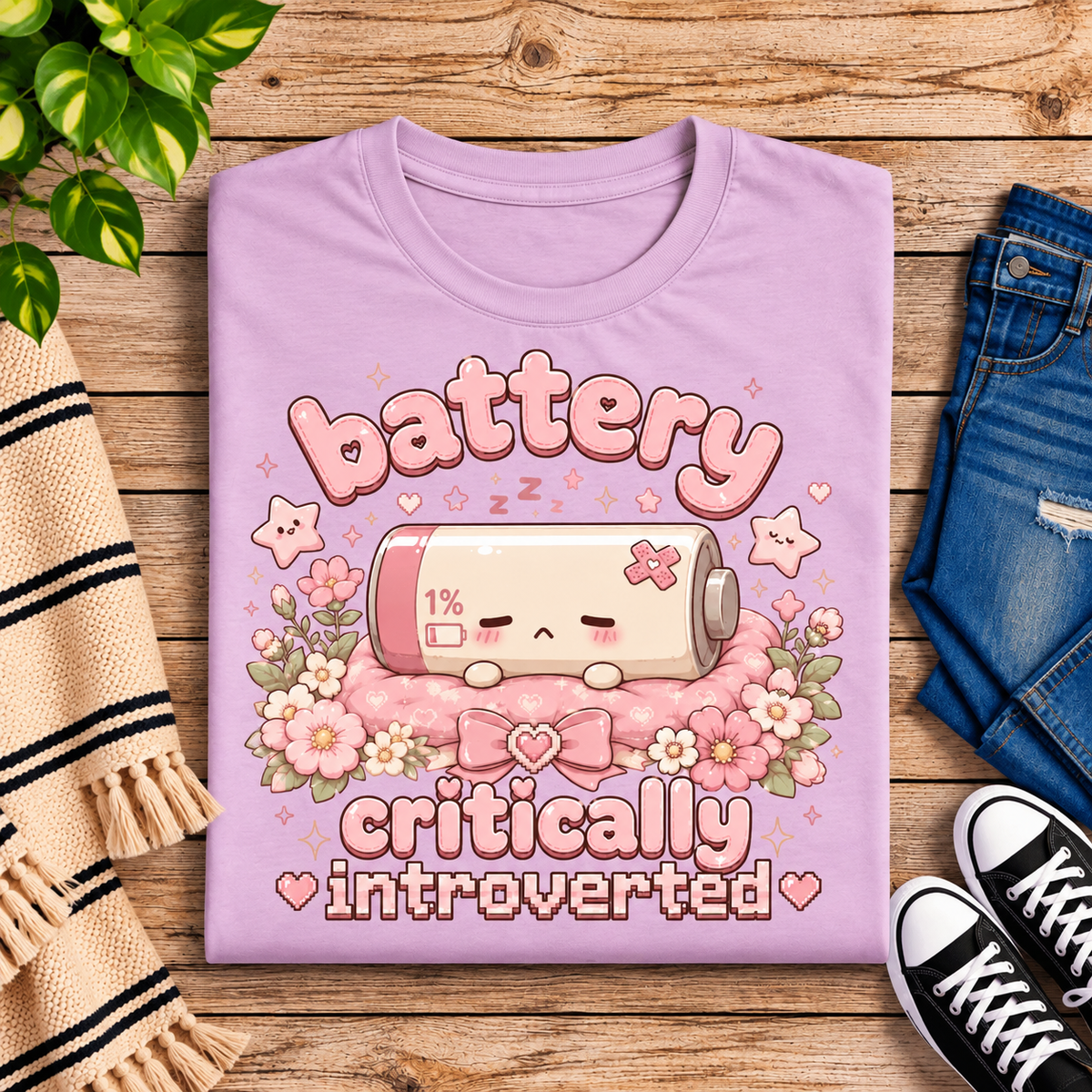 A folded mockup of Battery Critical funny introvert graphic t-shirt in lilac.