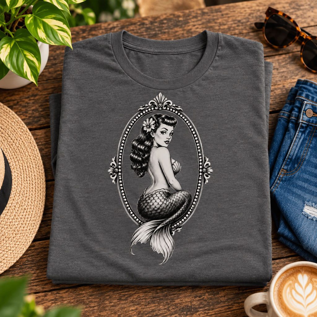 A folded mockup of Mermaid Cameo vintage pinup graphic t-shirt in asphalt.