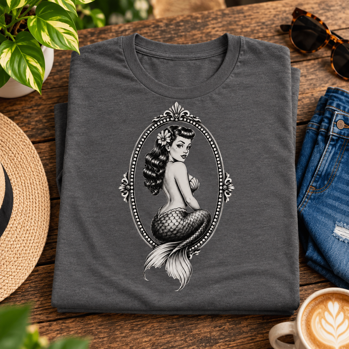 A folded mockup of Mermaid Cameo vintage pinup graphic t-shirt in asphalt.
