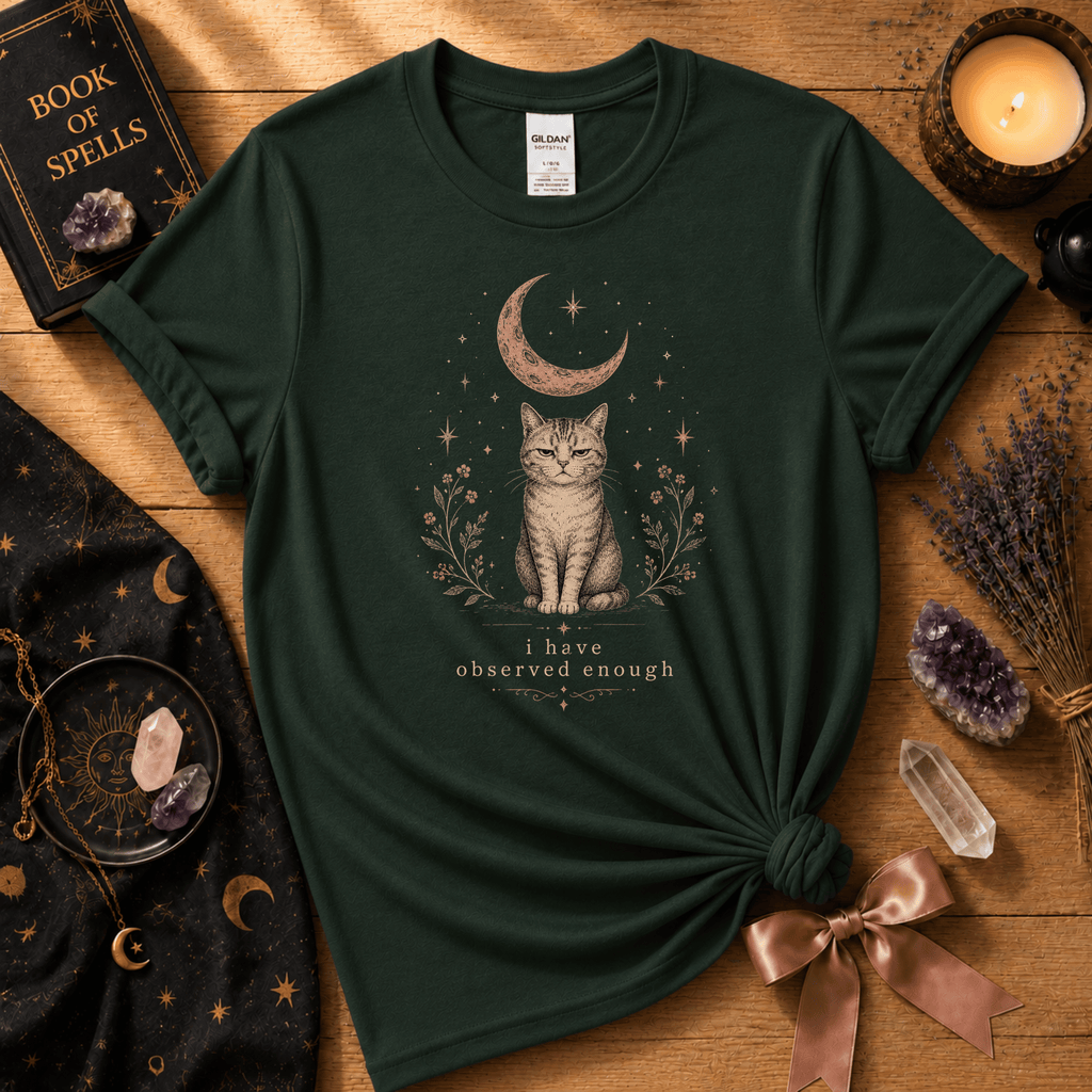 Observed Enough cute animal graphic t-shirt displayed in a cozy flat lay in forest green.