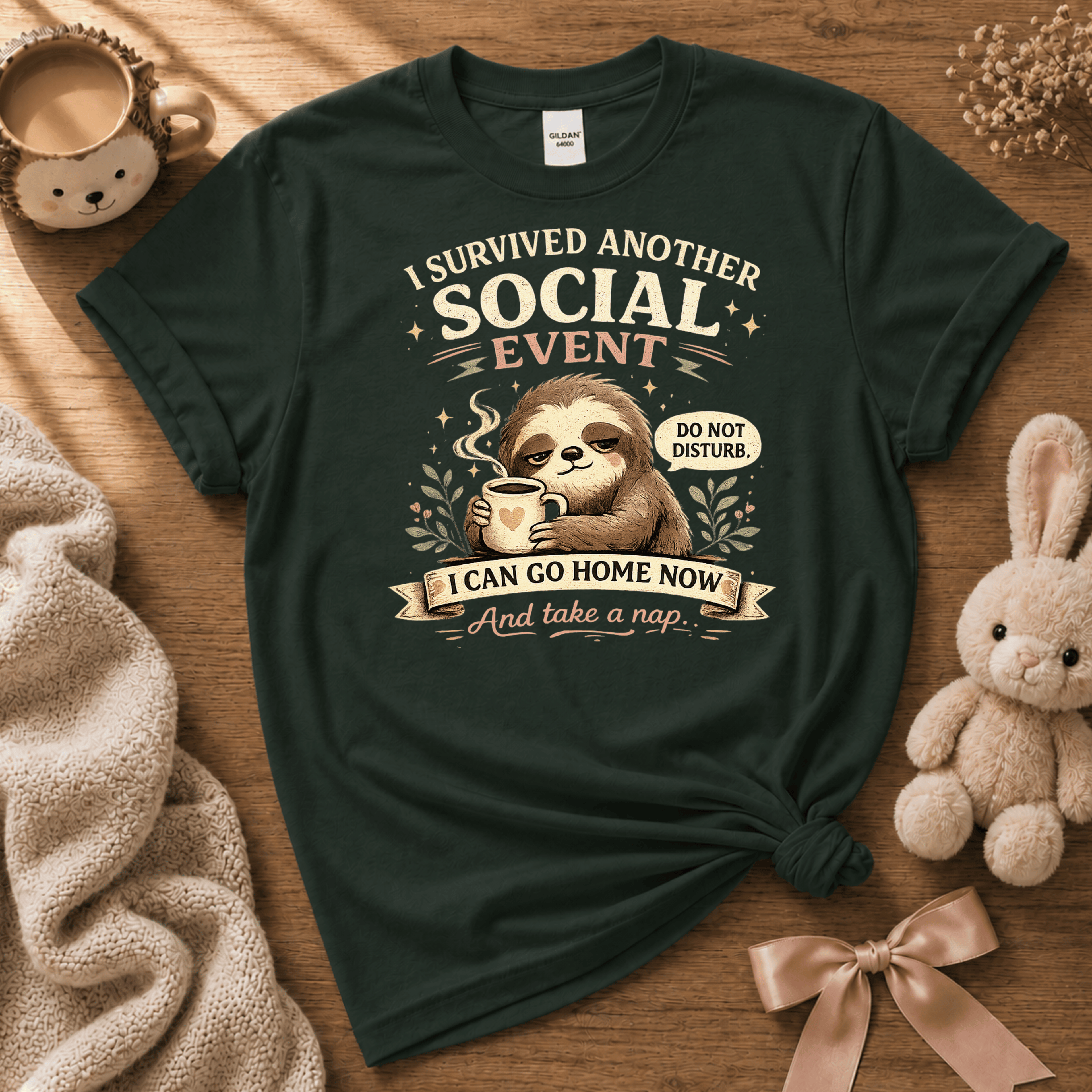 I Survived cute animal graphic t-shirt cozy flat lay in forest green.