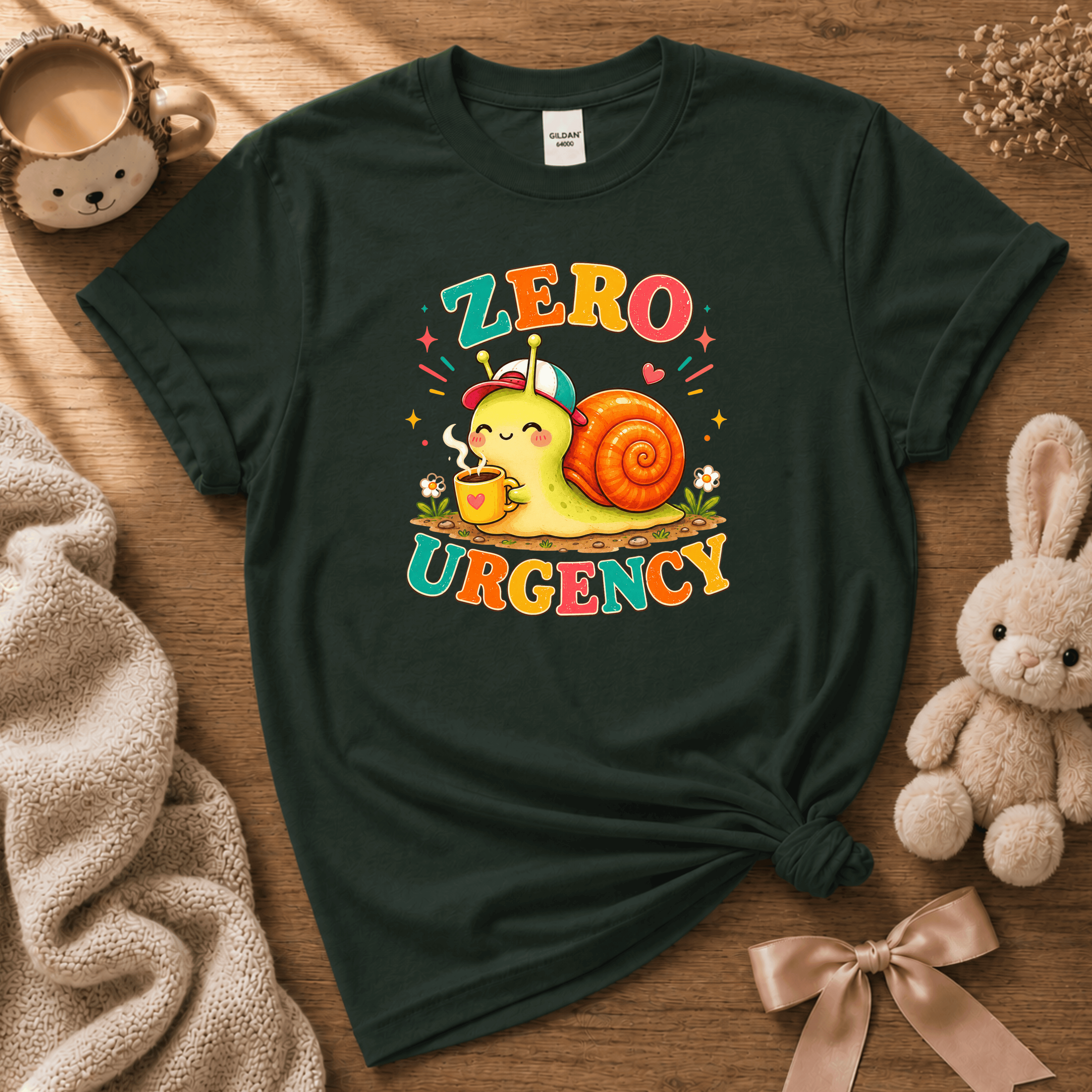 Zero Urgency cute animal graphic t-shirt cozy flat lay in forest green.