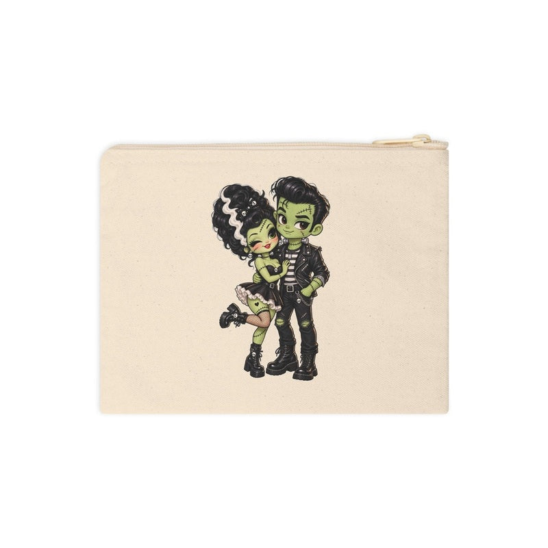 Frankie & Frannie Accessory Pouch in natural canvas, flat product photo, alternate angle of the chibi Frankenstein couple graphic