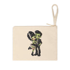 Frankie & Frannie Accessory Pouch in natural canvas, flat product photo showing the chibi Frankenstein couple graphic