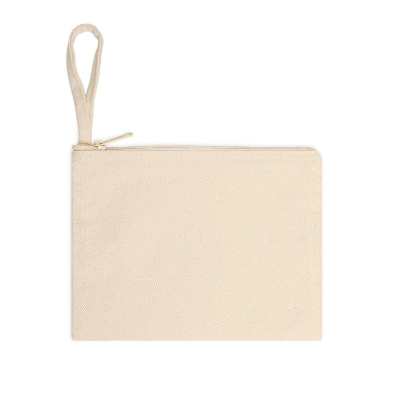 Frankie & Frannie Accessory Pouch in natural canvas, flat product photo of the plain reverse side with zipper and wrist strap