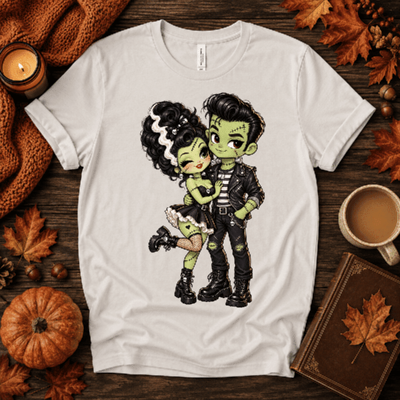 Frankie & Frannie Premium T-Shirt in vintage white, flat lay with chibi Frankenstein couple graphic and fall props