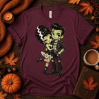 Frankie & Frannie Premium T-Shirt in maroon, flat lay with fall props