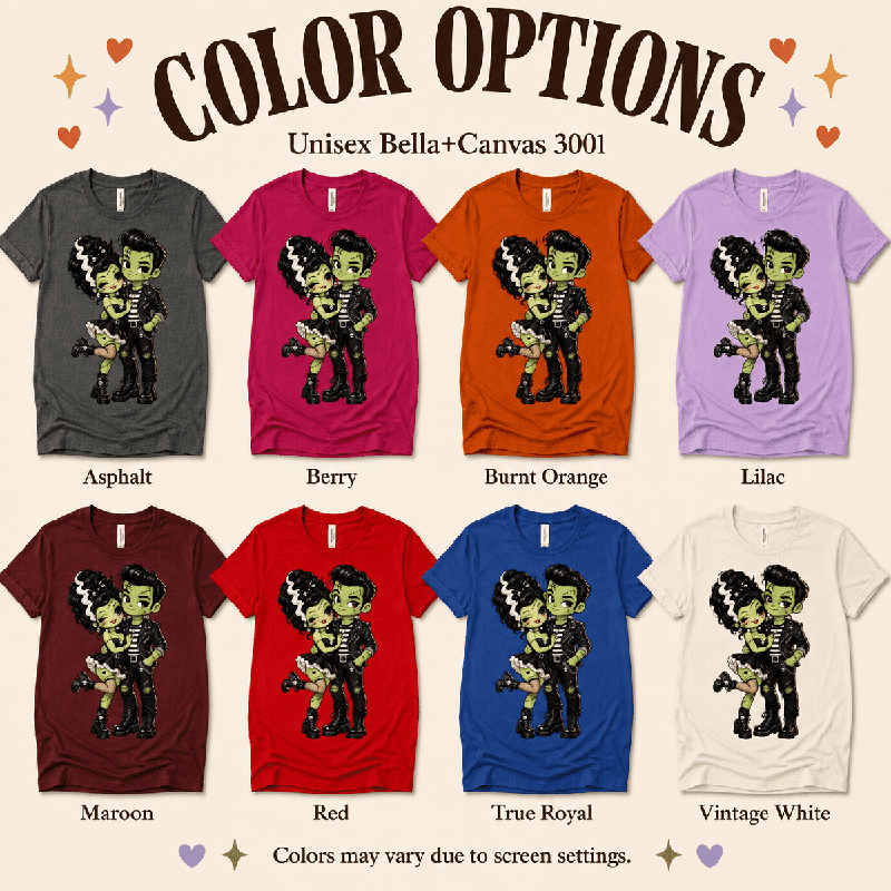 Frankie & Frannie Premium T-Shirt color chart: Asphalt, Berry, Burnt Orange, Lilac, Maroon, Red, True Royal, Vintage White