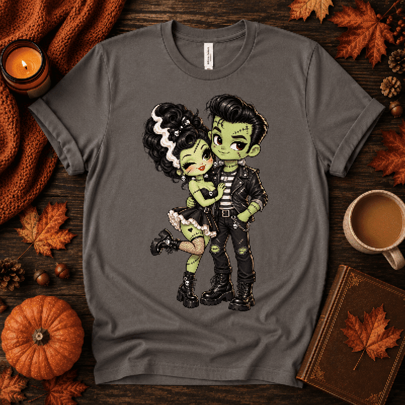Frankie & Frannie Premium T-Shirt in asphalt gray, flat lay with fall props