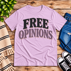 Free Opinions Premium T-Shirt in lilac, flat lay with "Free Opinions" text graphic