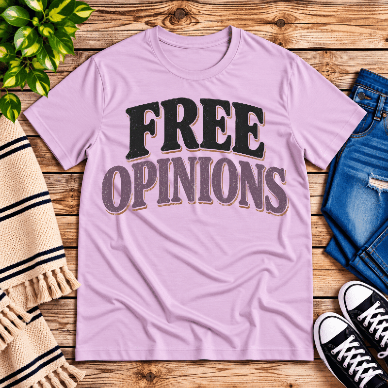 Free Opinions Premium T-Shirt in lilac, flat lay with "Free Opinions" text graphic