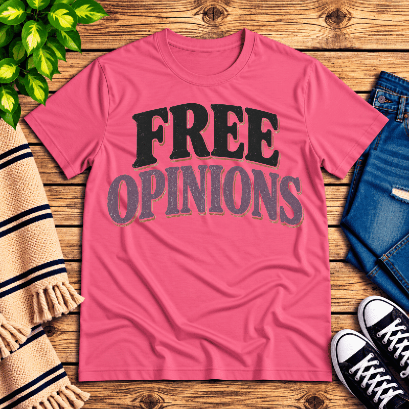 Free Opinions Premium T-Shirt in charity pink, flat lay