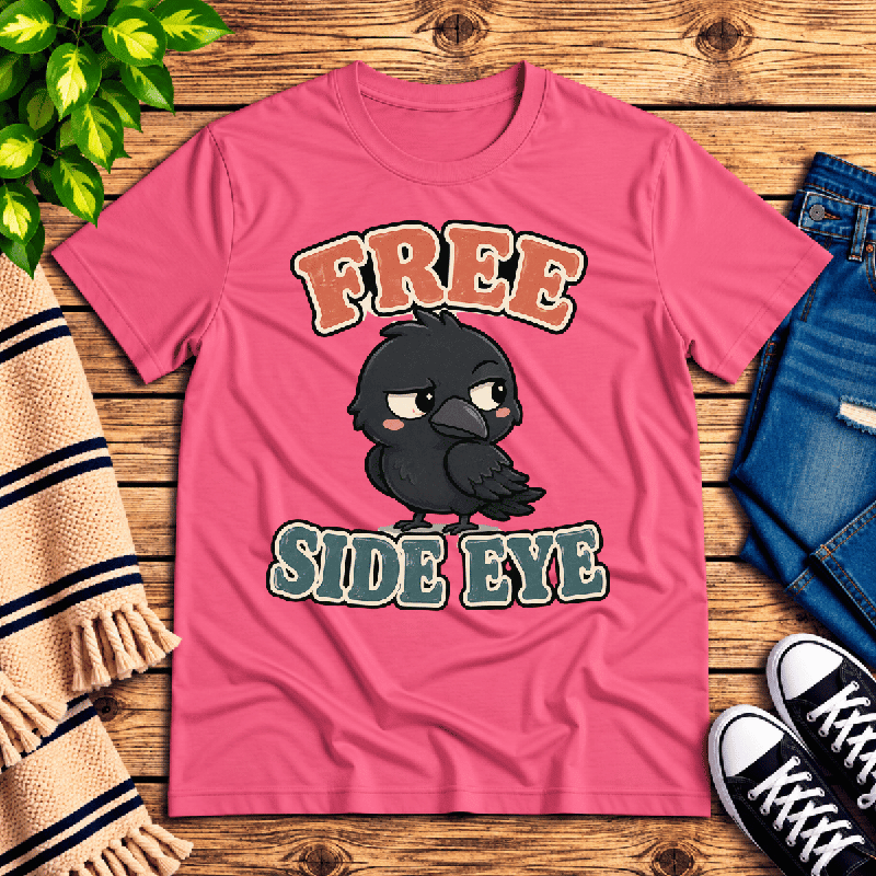 Free Side Eye Premium T-Shirt in charity pink, flat lay