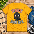 Free Side Eye Premium T-Shirt in gold, flat lay with skeptical cartoon crow graphic
