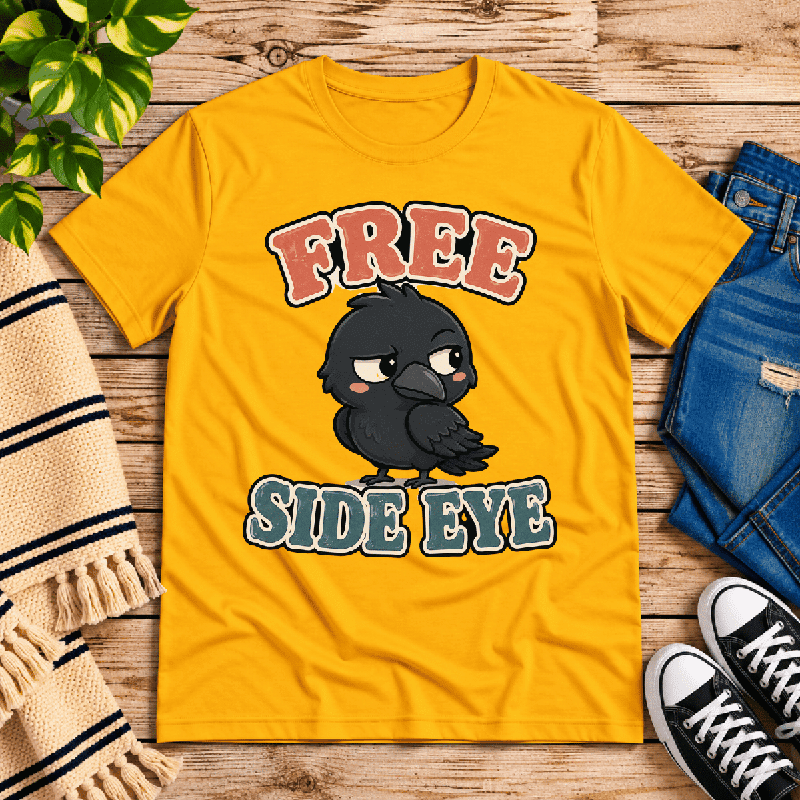 Free Side Eye Premium T-Shirt in gold, flat lay with skeptical cartoon crow graphic