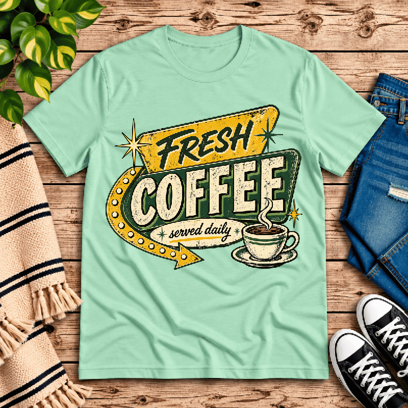 Fresh Coffee Premium T-Shirt in mint, flat lay with retro "Fresh Coffee Served Daily" sign graphic