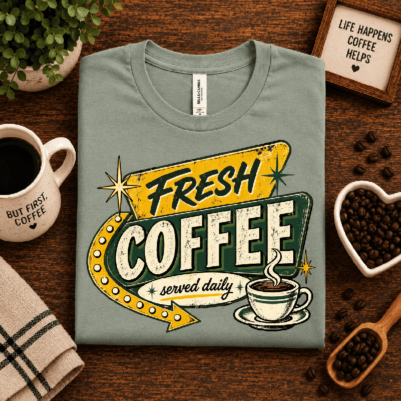 Fresh Coffee Premium T-Shirt in sage, folded close-up styled with coffee beans and a mug