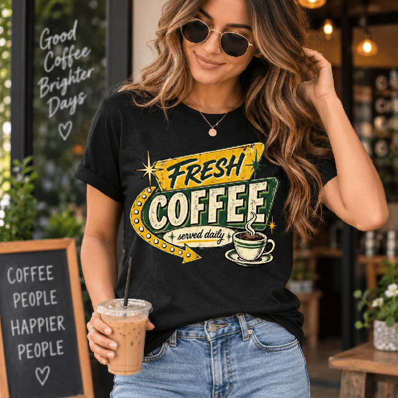 Woman holding an iced coffee near a cafe, wearing the Fresh Coffee Premium T-Shirt in vintage black