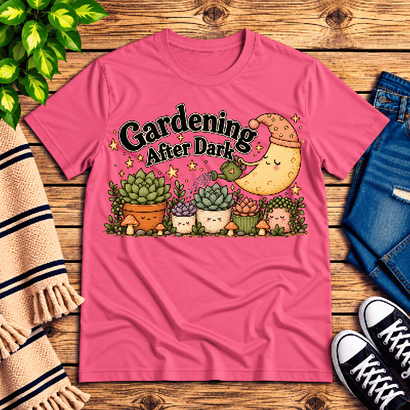 Gardening After Dark Premium T-Shirt in charity pink, flat lay