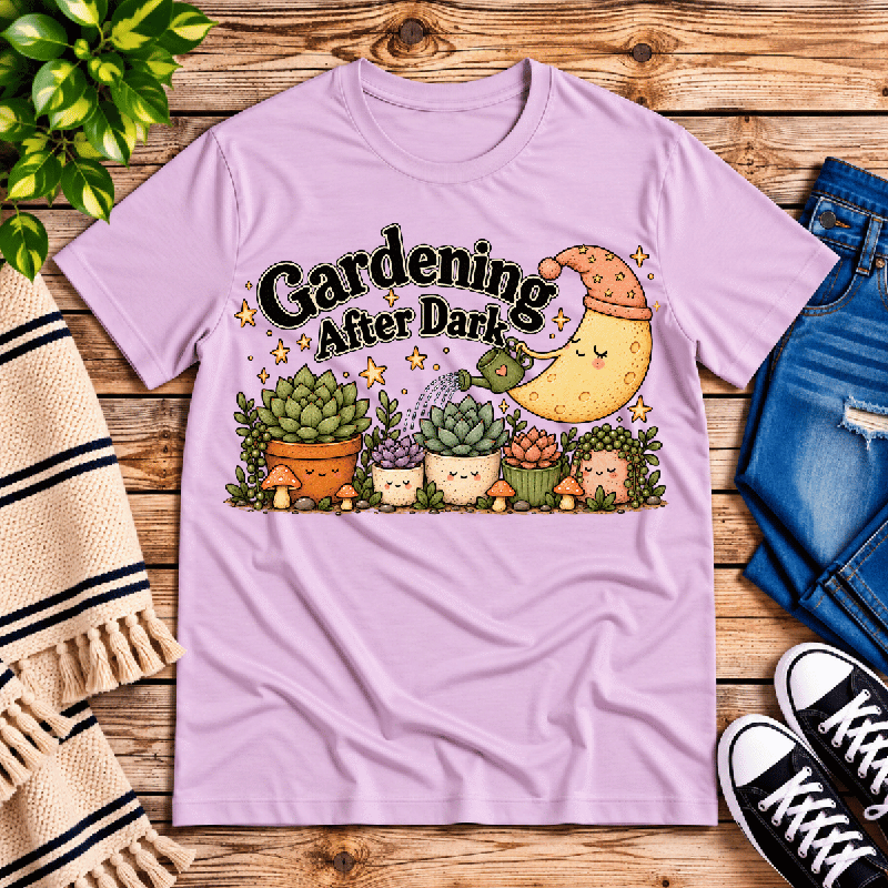 Gardening After Dark Premium T-Shirt in lilac, flat lay