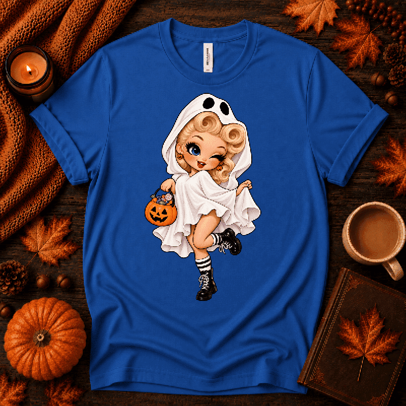 Ghostly Gigi Premium T-Shirt in true royal blue, flat lay