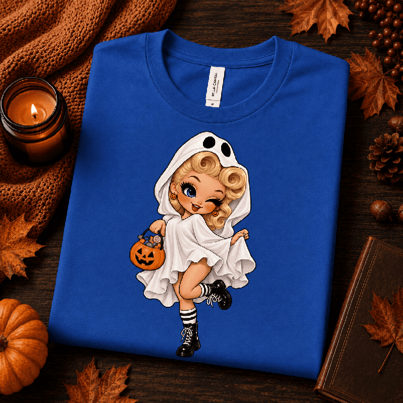 Ghostly Gigi Premium T-Shirt in true royal blue, folded close-up with neck tag showing