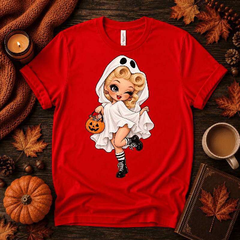 Ghostly Gigi Premium T-Shirt in red, flat lay