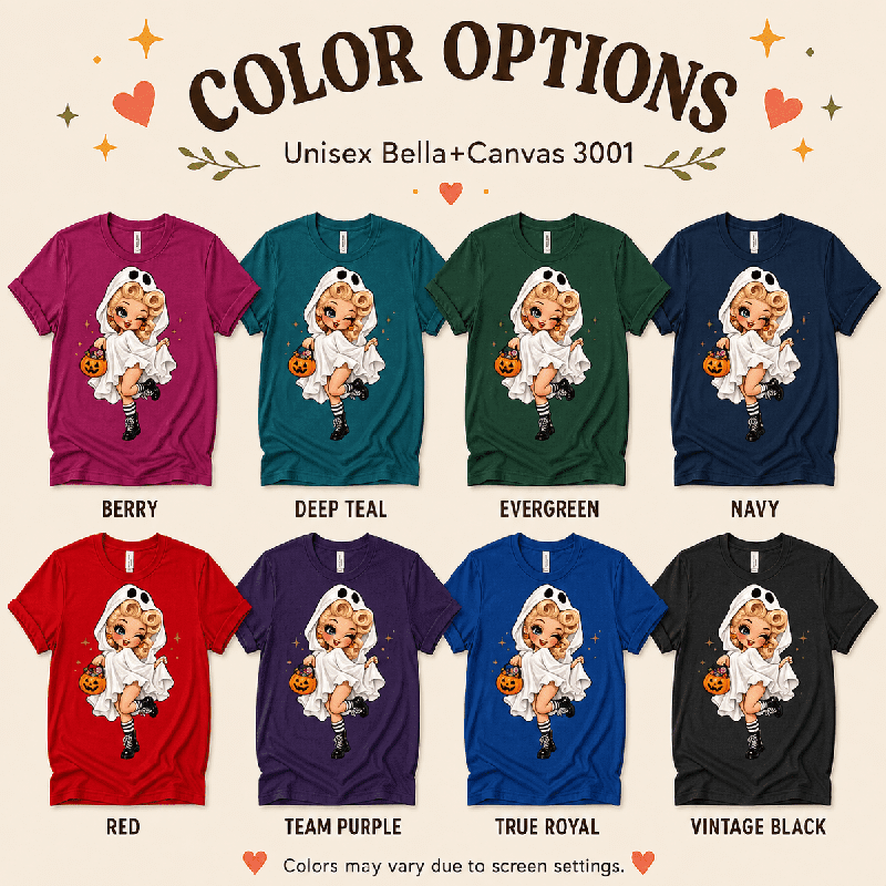 Ghostly Gigi Premium T-Shirt color chart: Berry, Deep Teal, Evergreen, Navy, Red, Team Purple, True Royal, Vintage Black