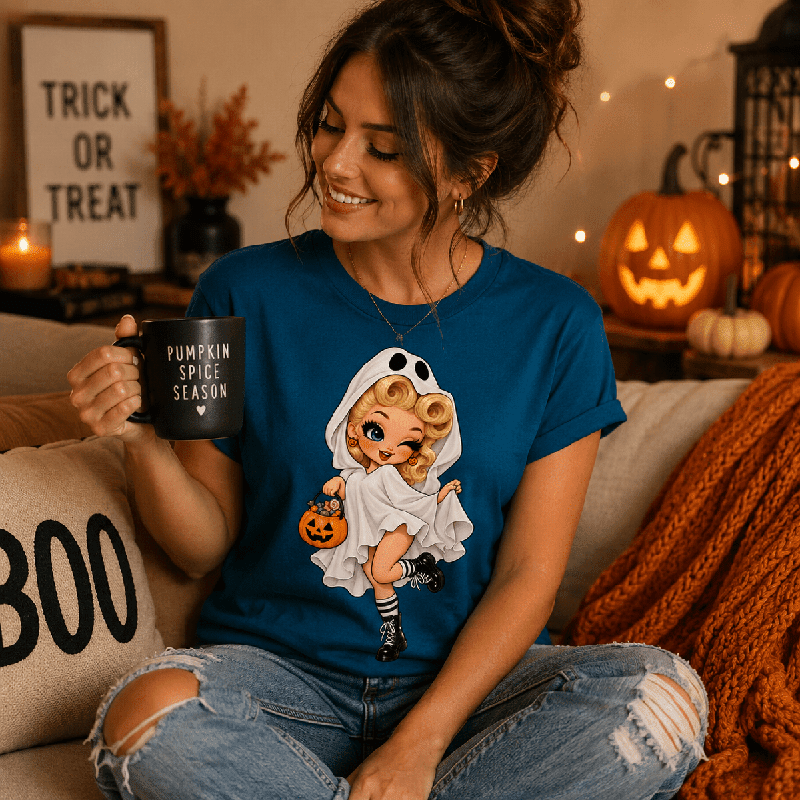 Woman holding a mug with Halloween decor, wearing the Ghostly Gigi Premium T-Shirt in deep teal