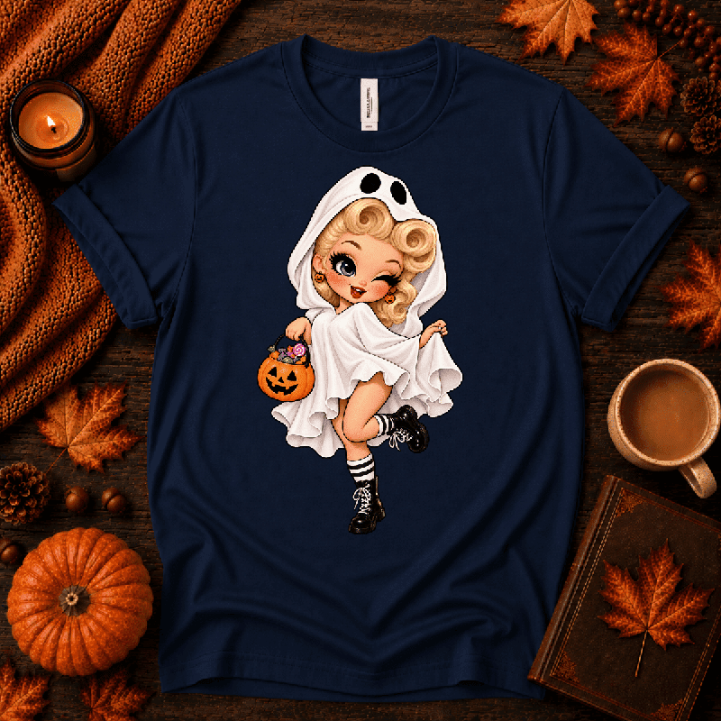 Ghostly Gigi Premium T-Shirt in navy, flat lay with winking ghost-costume girl and jack-o'-lantern bucket graphic