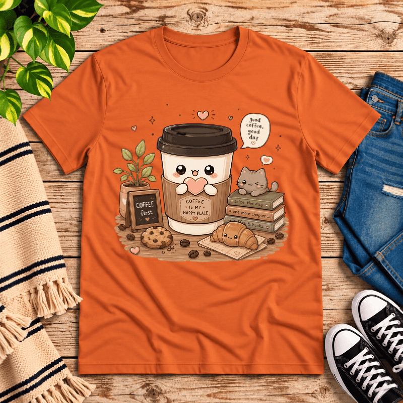 Good Coffee Premium T-Shirt in burnt orange, flat lay