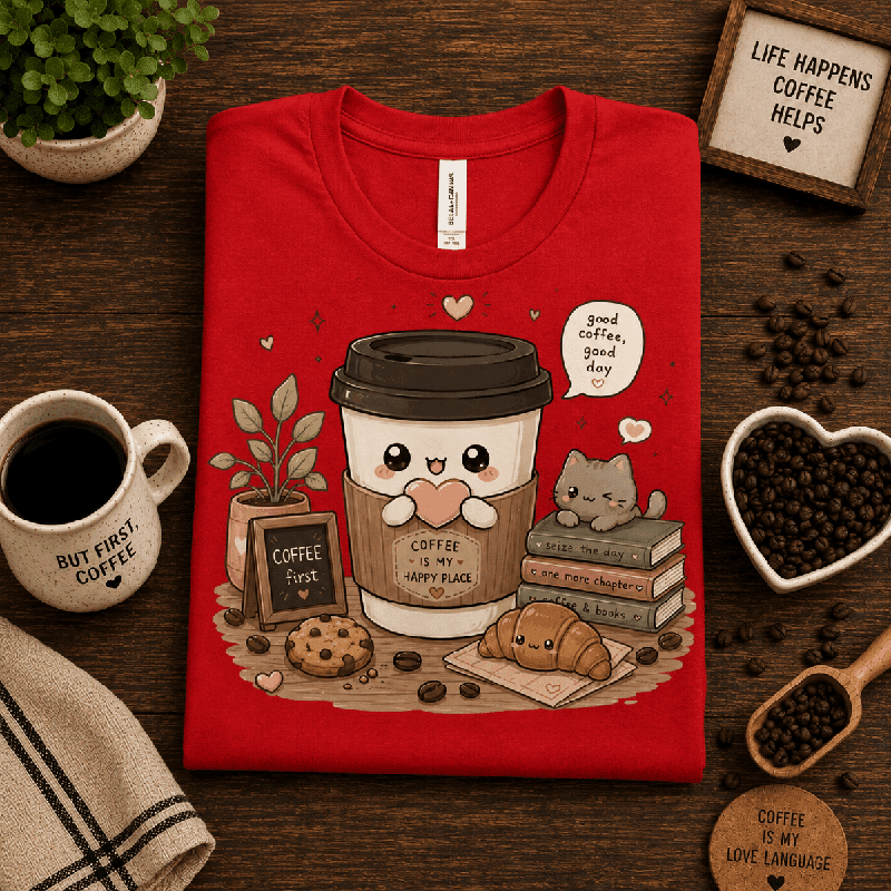 Good Coffee Premium T-Shirt in red, folded close-up styled with coffee beans and a scoop