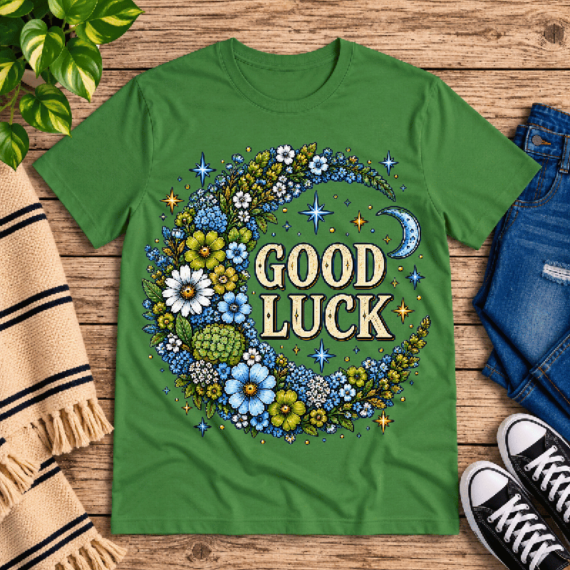 Good Luck In Blue Premium T-Shirt in leaf green, flat lay with floral crescent moon wreath and "Good Luck" graphic