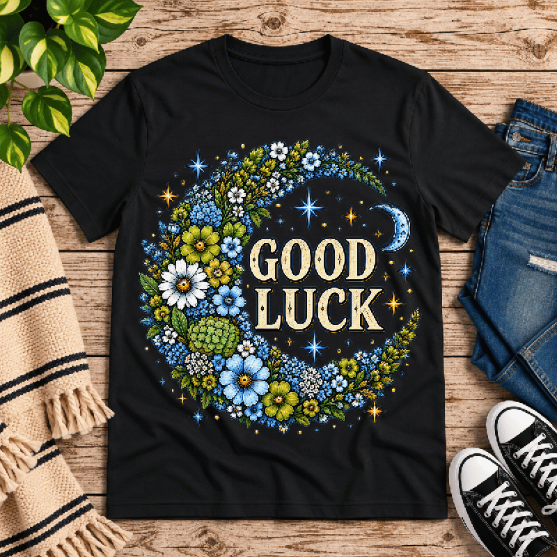 Good Luck In Blue Premium T-Shirt in vintage black, flat lay
