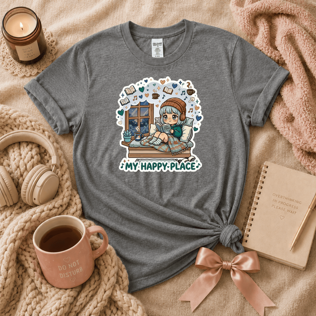 My Happy Place introvert graphic t-shirt cozy flat lay in graphite heather.