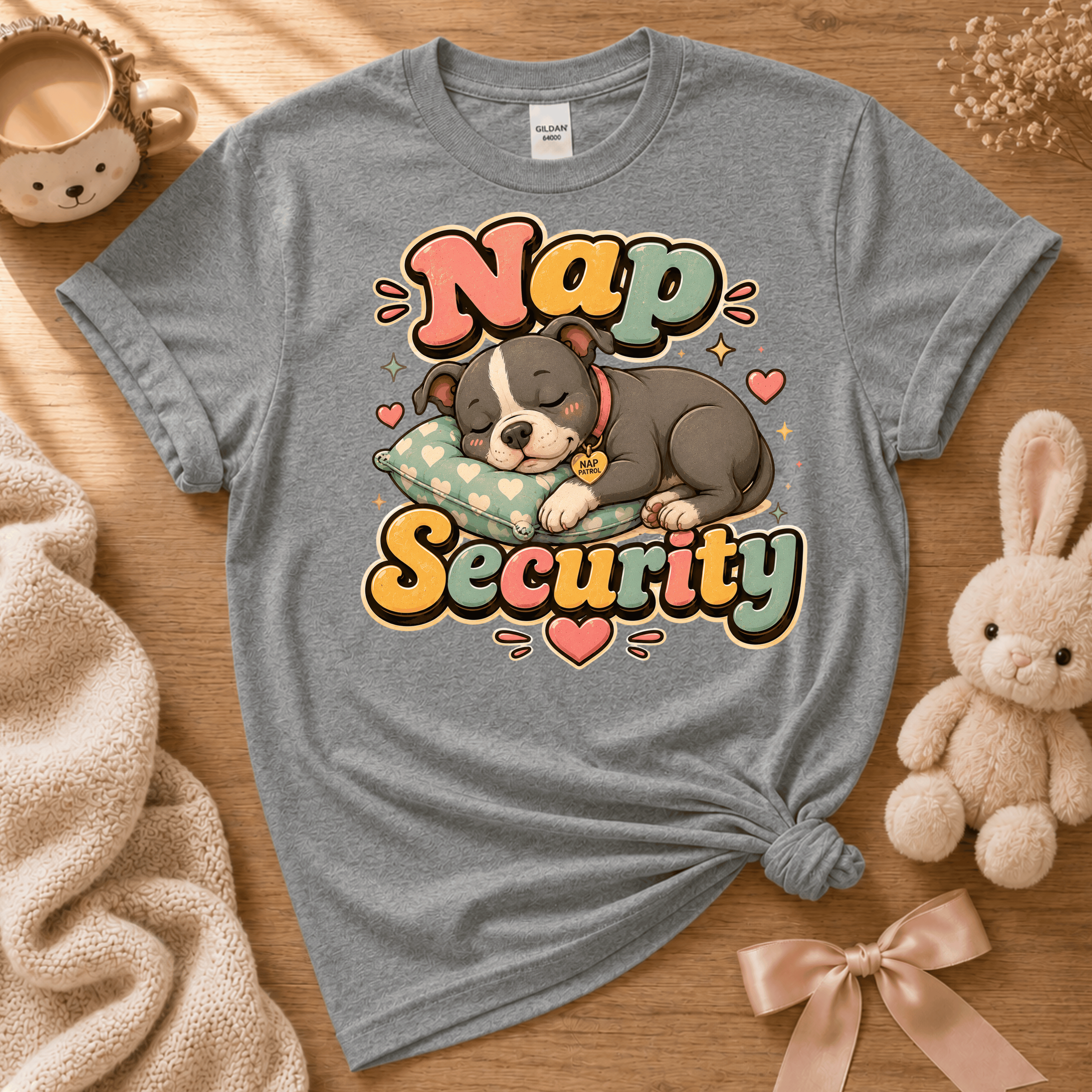 Nap Security cute animal graphic t-shirt cozy flat lay in graphite heather.