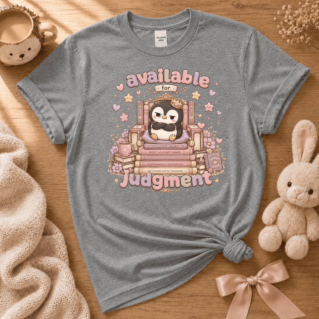 Available for Judgement cute animal graphic t-shirt displayed in a cozy flat lay in graphite heather.