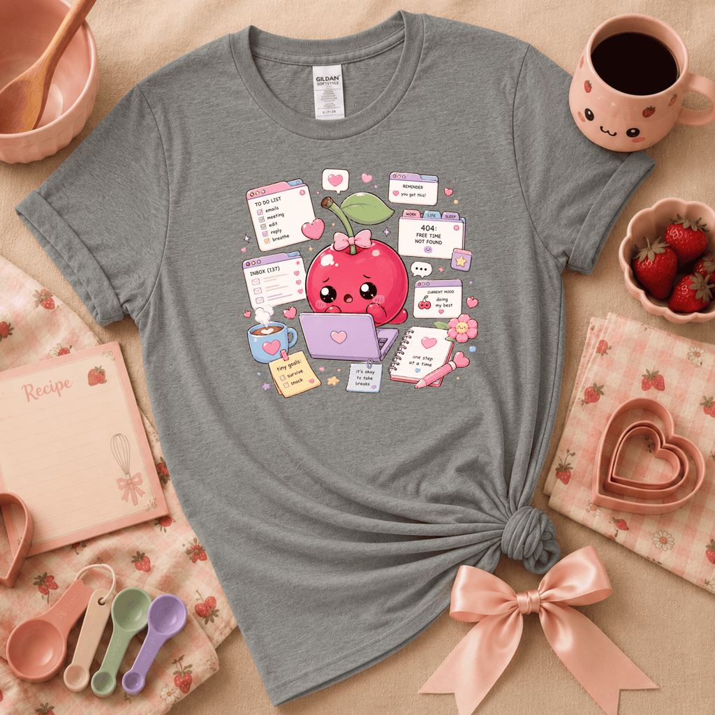 Overwhelmed Cherry | Cute Food Graphic T-Shirt