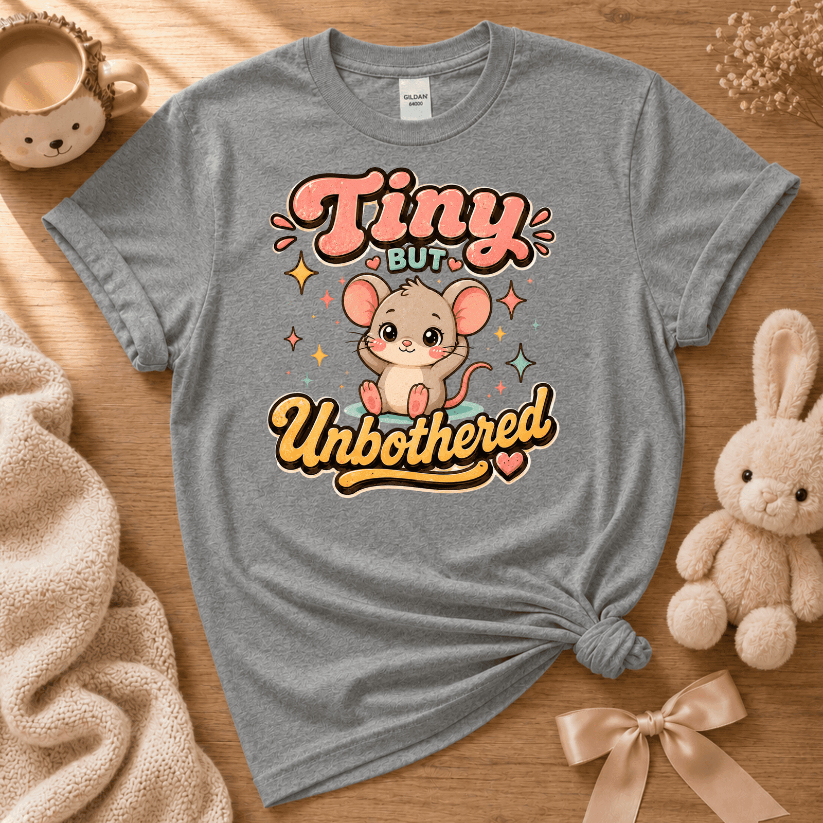 Tiny But Unbothered cute animal graphic t-shirt displayed in a cozy flat lay in granite heather.