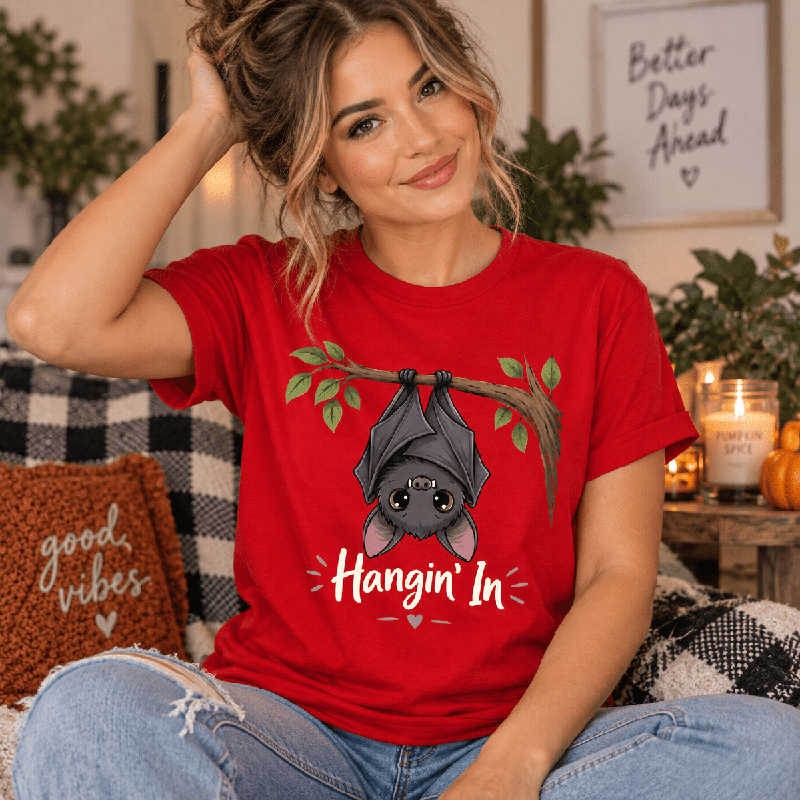 Woman wearing the Hangin' In Premium T-Shirt in red