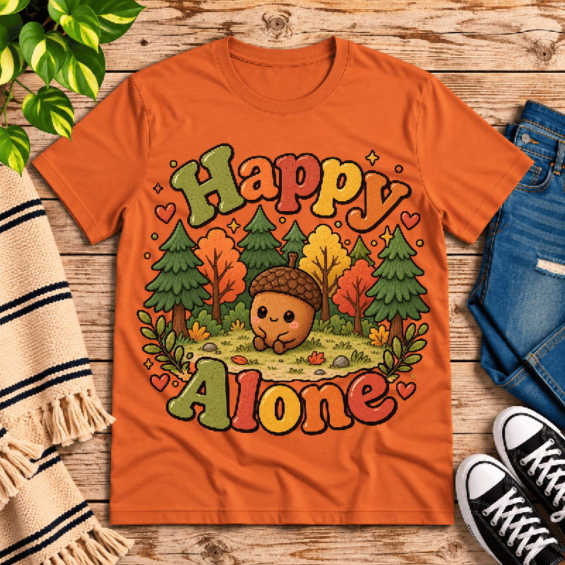 Happy Alone Premium T-Shirt in burnt orange, flat lay with cartoon acorn in a forest scene graphic