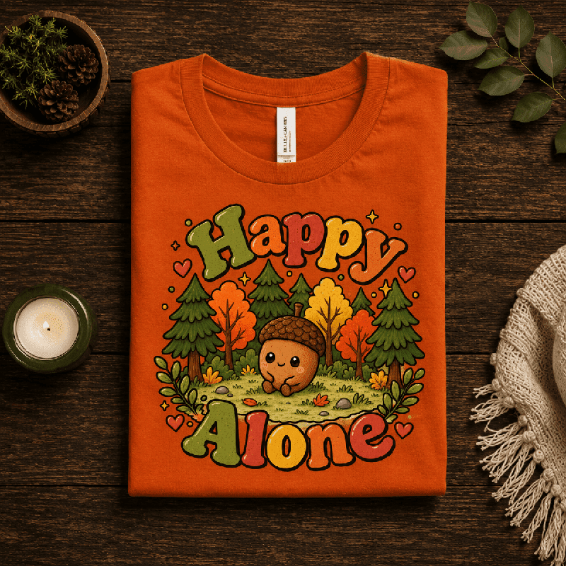 Happy Alone Premium T-Shirt in burnt orange, folded close-up styled with a candle and pinecones
