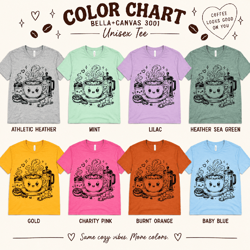 Happy Coffee Premium T-Shirt color chart: Athletic Heather, Baby Blue, Burnt Orange, Charity Pink, Gold, Heather Sea Green, Lilac, Mint