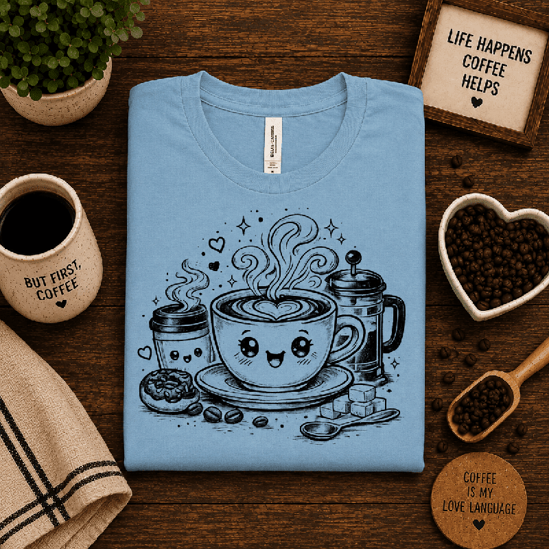 Happy Coffee Premium T-Shirt in baby blue, folded close-up styled with coffee props