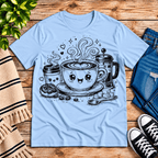 Happy Coffee Premium T-Shirt in baby blue, flat lay with kawaii coffee scene line-art graphic