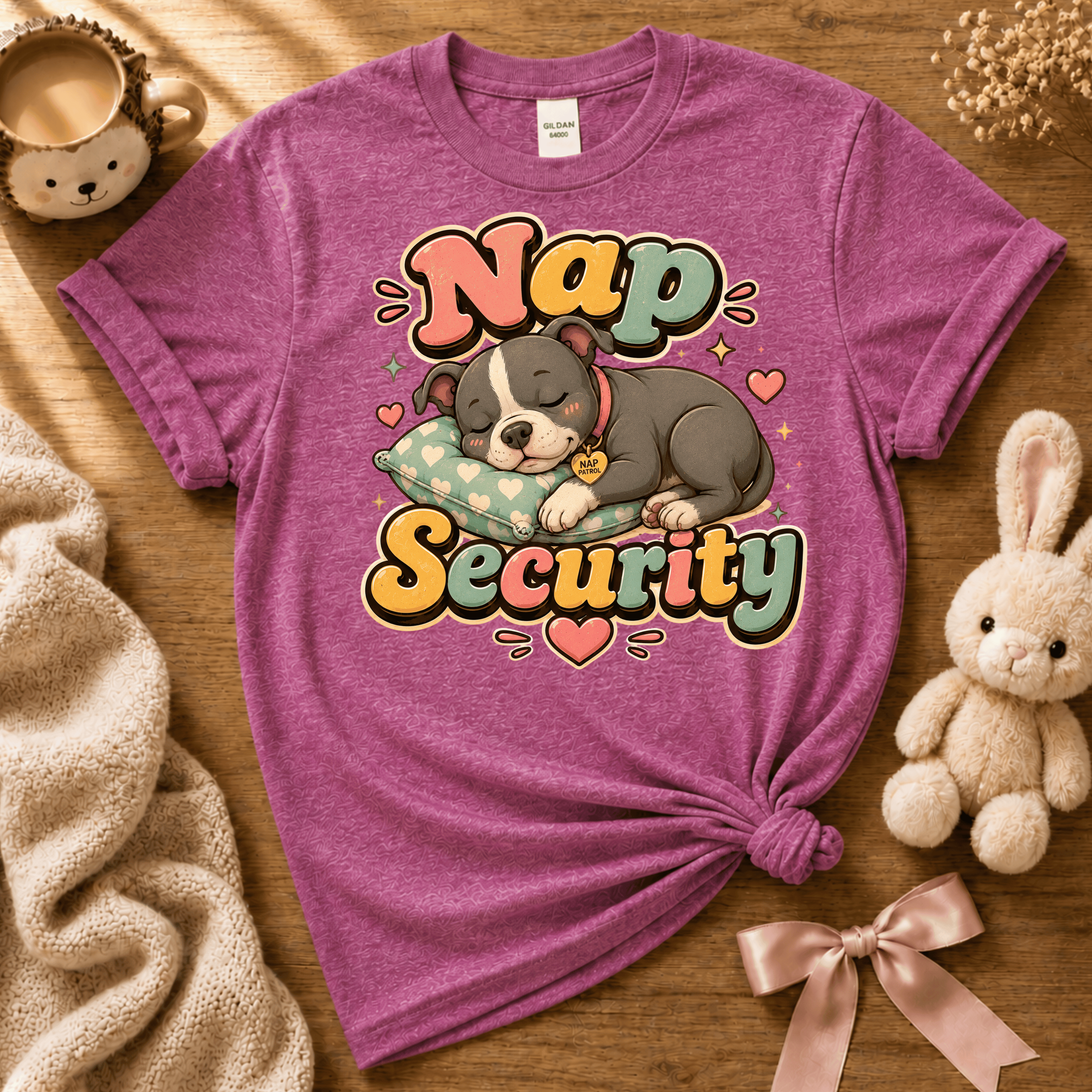Nap Security cute animal graphic t-shirt cozy flat lay in heather berry.